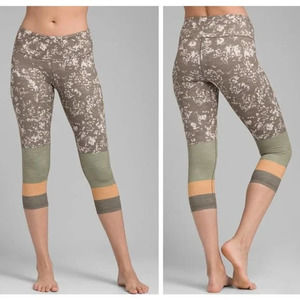Prana Taupe Patterned & Olive Capri Leggings with Peach Accent